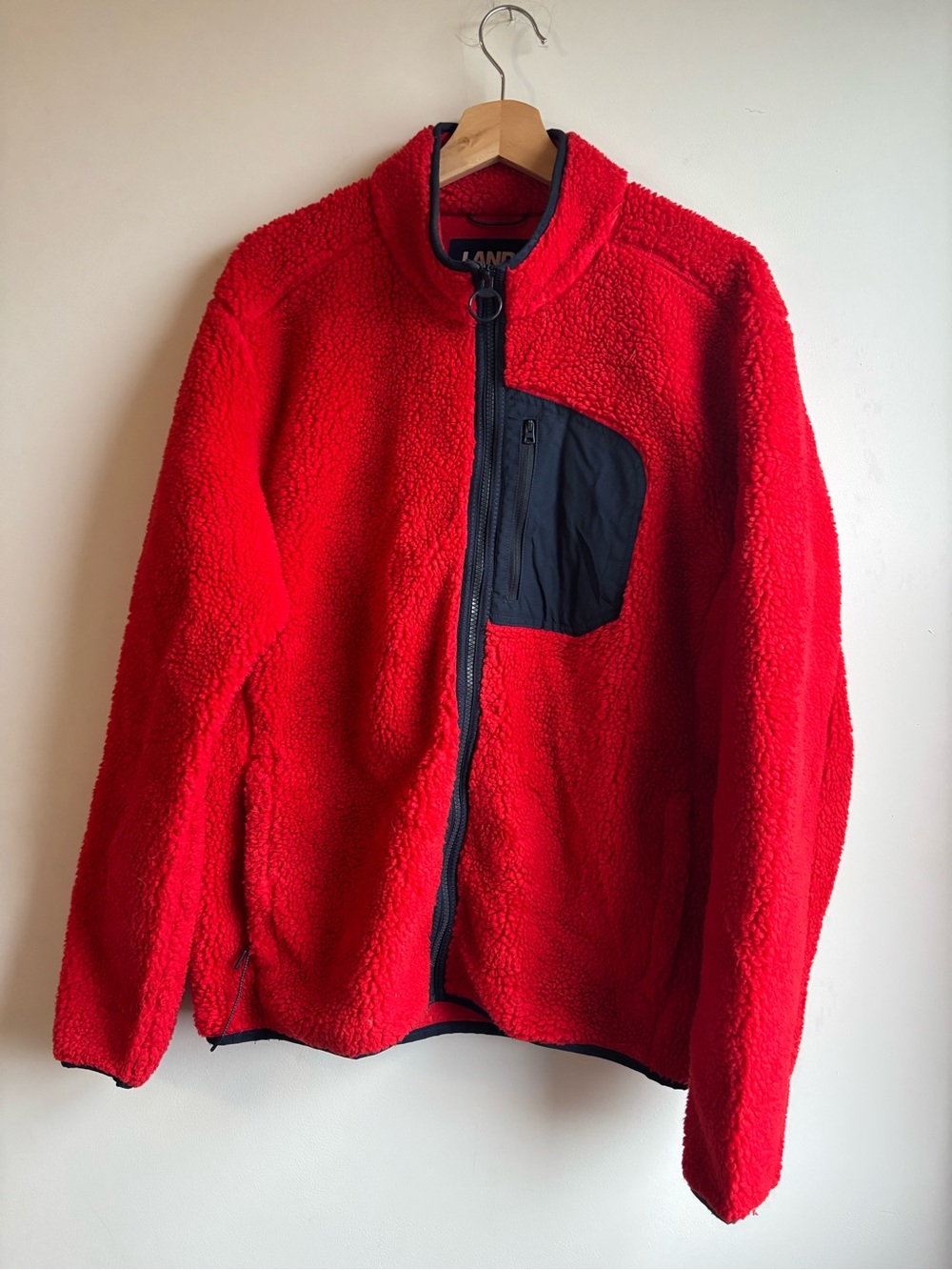 Red Sherpa Fleece Jacket with Navy Chest Pocket